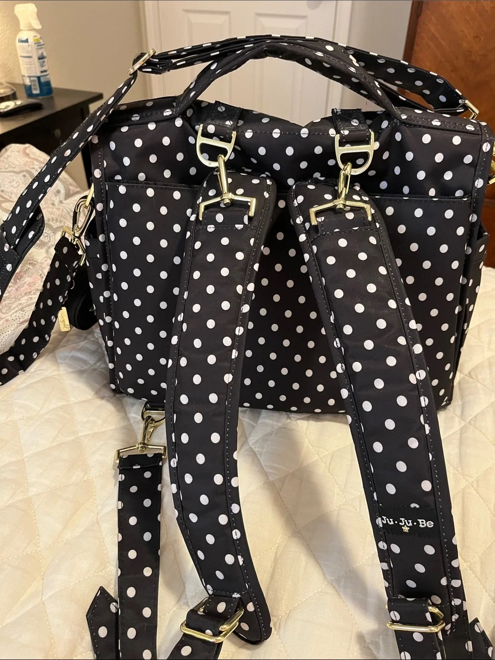 JuJuBe BFF Duchess - Polka Dot Black Baby Diaper Bag with Gold Accents